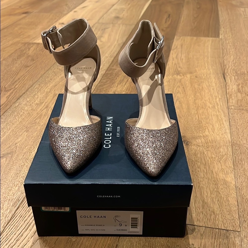 Cole Haan Women's Glitter Ankle Strap Heels - champagne and cream